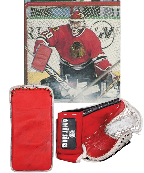 Ed Belfours Chicago Black Hawks 1989-90 Miller Game-Used Photo-Matched Blocker and 1990-91 Great Saves Game-Used Glove with His Signed LOA