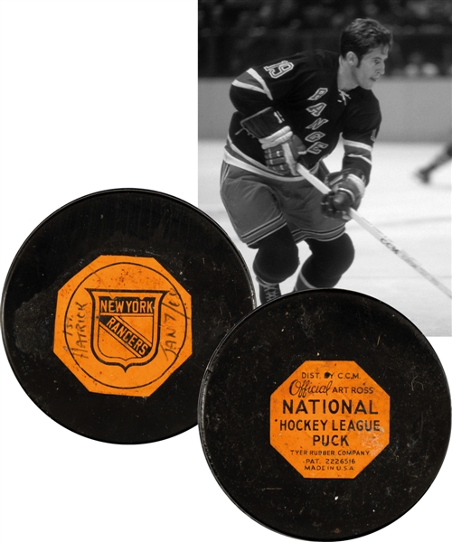 Jean Ratelles January 7th 1968 New York Rangers First NHL Hat Trick Goal Puck with His Signed LOA