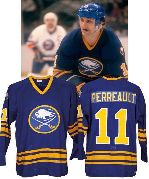 Gilbert Perreaults 1979-80 Buffalo Sabres Game-Worn Playoffs Jersey - 25+ Team Repairs!