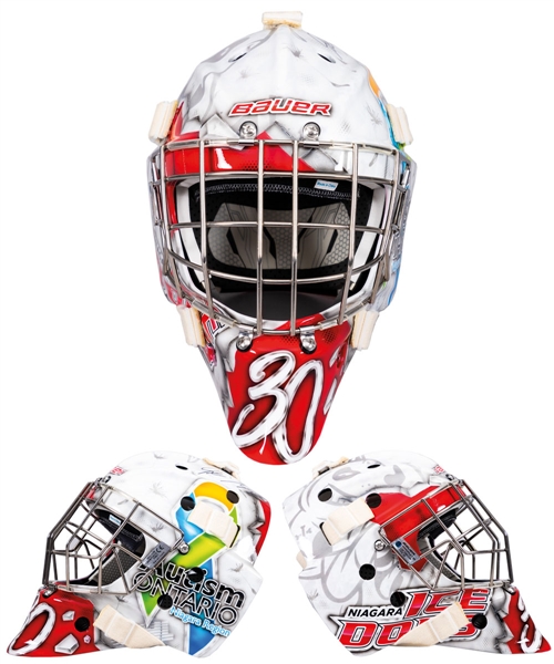 Stephen Dhillon’s 2017-18 OHL Niagara IceDogs Signed Game-Worn Goalie Mask – Worn in Match to Support Autism Ontario