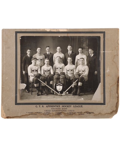Vintage 1922-23 Stratford G.T.R. Apprentice Hockey League Stratford Shops Champions Team Photo Featuring HOFer Howie Morenz
