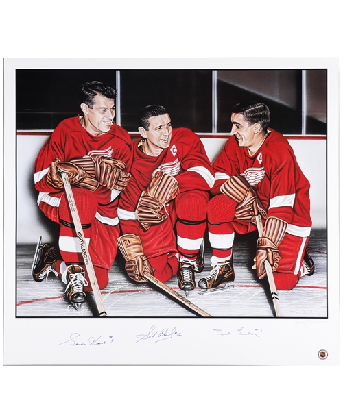 Detroit Red Wings Production Line Limited-Edition Lithograph Autographed by Howe, Abel and Lindsay with LOA (27” x 29 ½”)