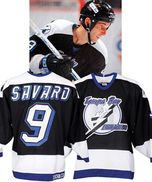 Denis Savards 1993-94 Tampa Bay Lightning Signed "1000th NHL Game" Game-Worn Jersey with LOAs