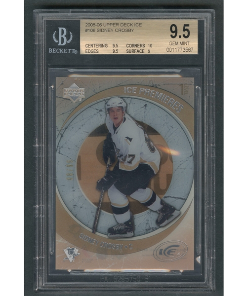 2005-06 Upper Deck Ice Hockey Card #106 Sidney Crosby Rookie "08/99" - Beckett-Graded Gem Mint 9.5
