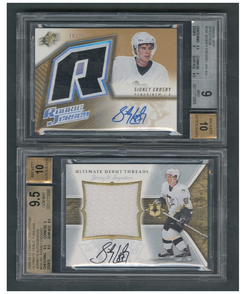 2005-06 Spx Spectrum Hockey Card #191 Sidney Crosby RC Patch Auto "10/25" (Beckett-Graded 9) and 2005-06 Ultimate Debut Threads #DAJSC Sidney Crosby RC Patch Auto "18/25" (Beckett-Graded 9.5)