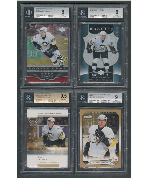 Sidney Crosby Beckett-Graded Card Collection of 6 Including 2005-06 UD Black Diamond Ruby Rookie Gems #193, 2005-06 UD Artifacts Rookies #224 "533/750" and 2004-05 SP Authentic Rookie Redemptions #RR