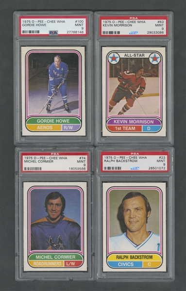 1975-76 O-Pee-Chee WHA Hockey Card Collection of 8 Including #100 Gordie Howe (Highest Graded), #63 Kevin Morrison (Highest Graded) and #74 Michel Cormier (Highest Graded) - All Graded PSA 9