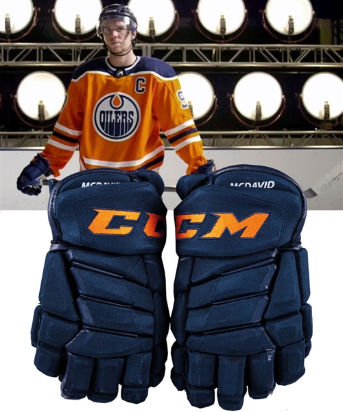 Connor McDavids November 30th 2017 Edmonton Oilers CCM Video-Worn Gloves from SportsNet Video Shoot "This is the Stick of Choice for McDavid" with Team LOA
