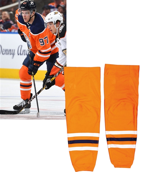 Connor McDavids 2017-18 Edmonton Oilers Game-Worn Home Socks with LOA - Art Ross Trophy Season! - Photo-Matched!