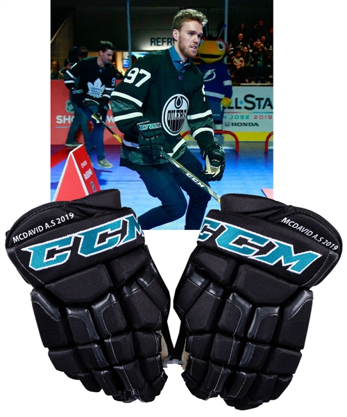Connor McDavids 2019 NHL Skills Showdown Event-Worn CCM Gloves with Team LOA