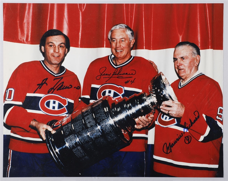Montreal Canadiens Legends Maurice Richard, Jean Beliveau and Guy Lafleur Triple-Signed Photo with LOA (11” x 14”)