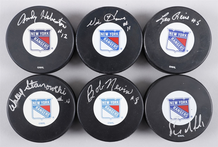 New York Rangers Signed Puck Collection of 30 Including Hebenton, Brown, Nevin, Rousseau, Gardner, Marshall, Fontinato, Goyette, Sullivan and Others