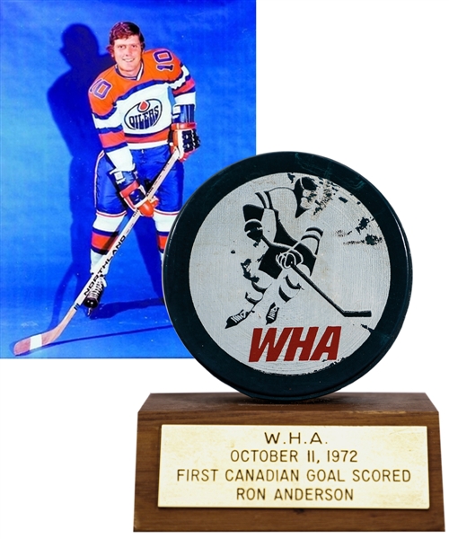 Ron Andersons October 11th 1972 Alberta Oilers "First Canadian Goal / First WHA Goal" WHA Blue Goal Puck with His Signed LOA