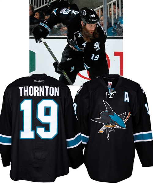 Joe Thorntons 2016-17 San Jose Sharks Game-Worn Alternate Captains Third Jersey - NHL Centennial Patch!
