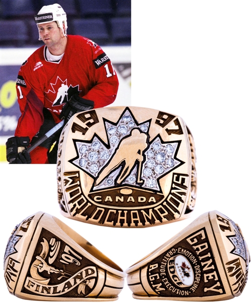 Bob Gaineys 1997 IIHF World Championships Team Canada 10K Gold and Diamond Champions Ring in Presentation Box from His Personal Collection with His Signed LOA