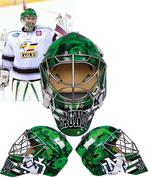 Clarke Saunders’ 2012-15 University of North Dakota/ECHL Colorado Eagles Game-Worn Warwick Goalie Mask – Photo-Matched!