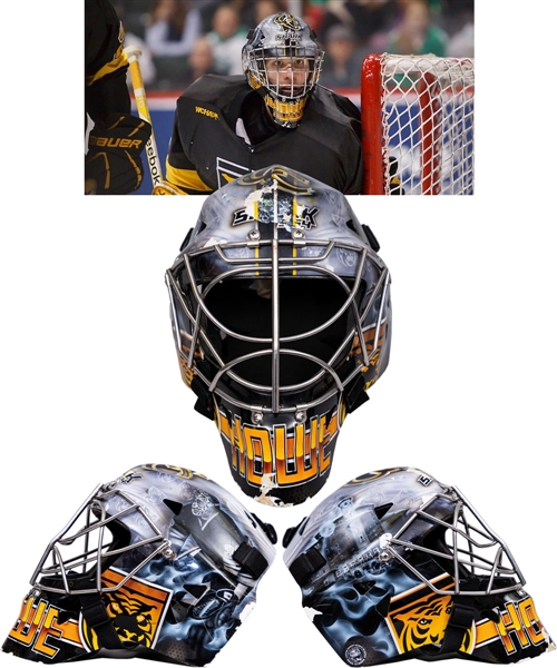 Joe Howe’s 2012-13 Colorado College Tigers Game-Worn Shark 954 Goalie Mask – Worn in the 2013 WCHA Mens Ice Hockey Tournament! - Photo-Matched!