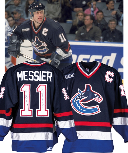 Mark Messier’s 1999-2000 Vancouver Canucks Signed Game-Worn Captain’s Jersey with Team Trainer LOA - 2000 Patch!