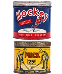 Vintage Circa 1920s "Puck" and Circa Late-1940s "Hockey" Cigarette Tobacco Tins Both Featuring Hockey Graphics