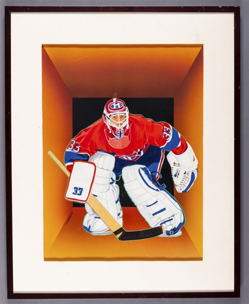 Patrick Roy Montreal Canadiens Framed Original 1990-91 Upper Deck Hockey Card Artwork by Vernon Wells (24 ½” x 30 ½”)