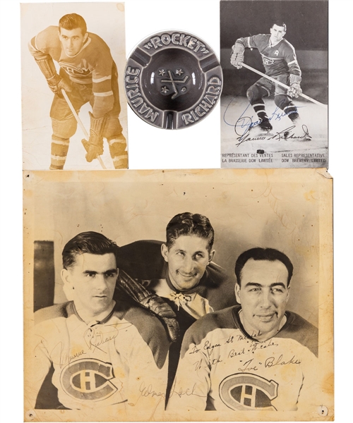Vintage Maurice Richard Montreal Canadiens Memorabilia Collection of 25+ Including Late-1940s Real Photo Postcard, Vintage Triple-Signed Punch Line Photo, Maurice Richard Ashtray and Much More!