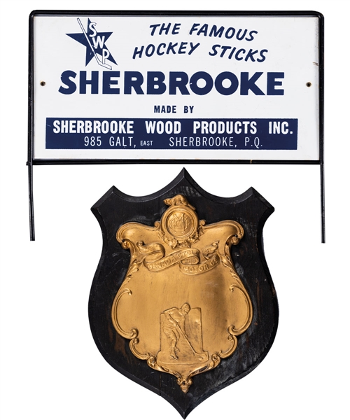 Vintage Circa 1920s CCM (Canada Cycle & Motor Co.) Hockey Trophy, Vintage "Sherbrooke Hockey Sticks" Stick Rack Sign, Vintage Hockey Scene Tray, Vintage Tuck Hockey Tape Box and More!