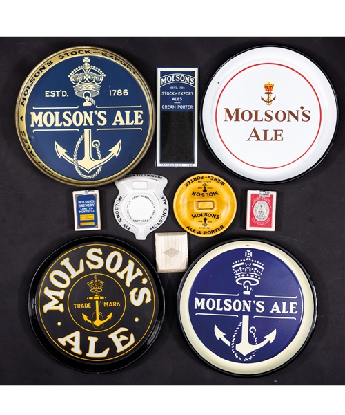 Vintage Molson Brewery/Beer Advertising Collection Including Trays (8), Match Striker, Ceramic Ashtrays, Cigarette Case, Playing Cards and More!
