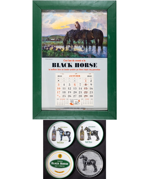 Vintage Dawes Breweries Black Horse Beer Advertising Collection Including Trays (6), 1943 Calendar, Vintage Display Sign and More!