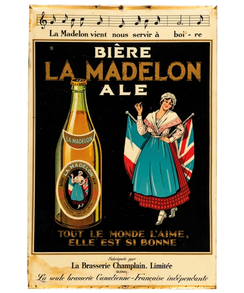 Scarce 1930s Champlain Brewery "La Madelon" Beer Celluloid on Tin Advertising Sign (12" x 18")
