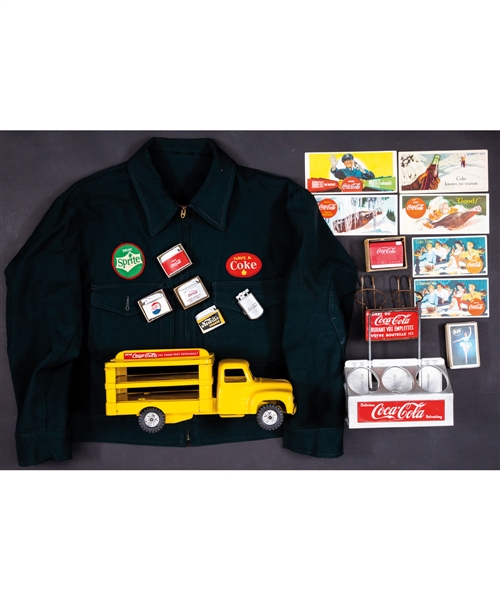 Huge Vintage Coca-Cola / Pepsi Advertising and Memorabilia Collection Including Coca-Cola "Buddy L" Delivery Truck (Flat Top Version), 1964 Coca-Cola/Sprite Jacket, Ink Blotters, Lighters and More!