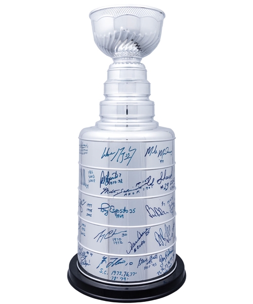 Huge Stanley Cup Replica Signed by 46 with Annotations Including Wayne Gretzky, Mark Messier, Gordie Howe, Steve Yzerman, Jaromir Jagr, Bobby Orr, Ray Bourque and Other Greats - Numerous COAs Included