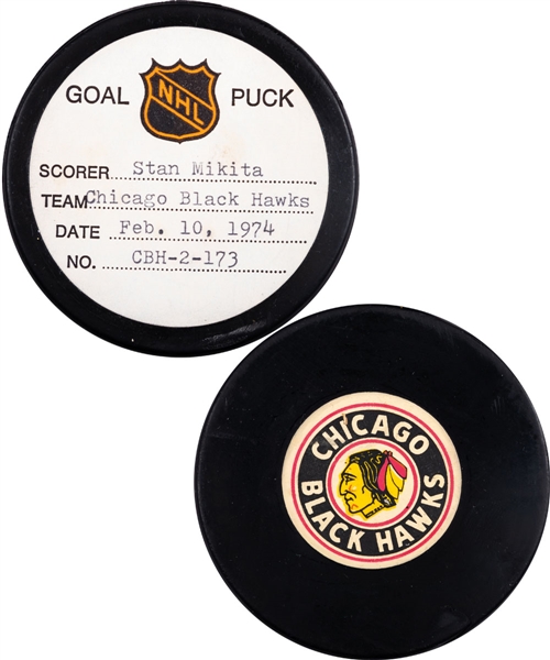 Stan Mikita’s Chicago Black Hawks February 10th 1974 Goal Puck from the NHL Goal Puck Program - Season Goal #17 of 30 / Career Goal #418 of 541 - 1st Goal of Hat Trick