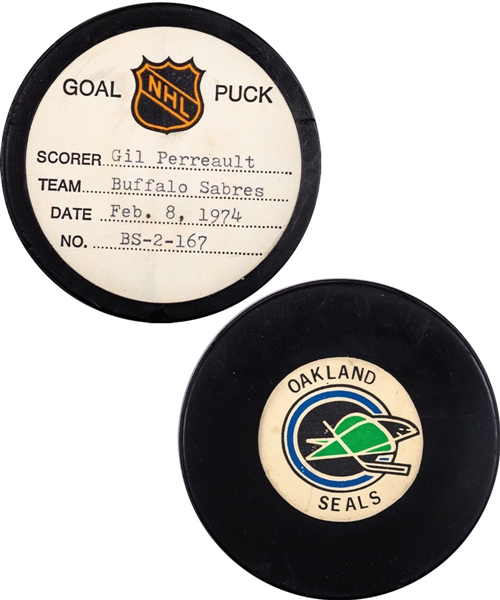 Gil Perreault’s Buffalo Sabres February 8th 1974 Goal Puck from the NHL Goal Puck Program - Season Goal #11 of 18 / Career Goal #103 of 512