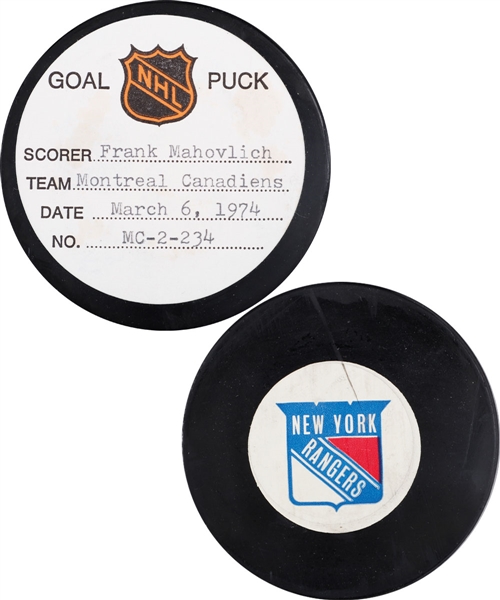 Frank Mahvolich’s Montreal Canadiens March 6th 1974 Goal Puck from the NHL Goal Puck Program - Season Goal #21 of 31 / Career Goal #523 of 533 - Short-Handed Goal Assisted by Peter Mahovlich