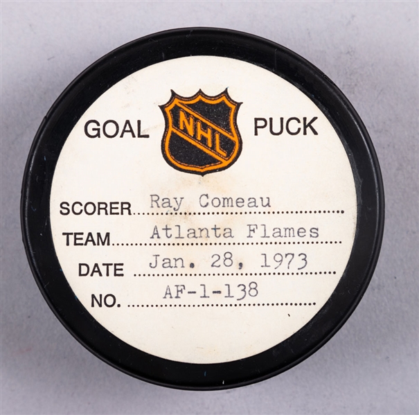 Rey Comeau’s Atlanta Flames January 28th 1973 Goal Puck from the NHL Goal Puck Program - Season Goal #14 of 21 / Career Goal #14 of 98 - 2nd Goal of Hat Trick - Game-Winning Goal - First NHL Hat Trick