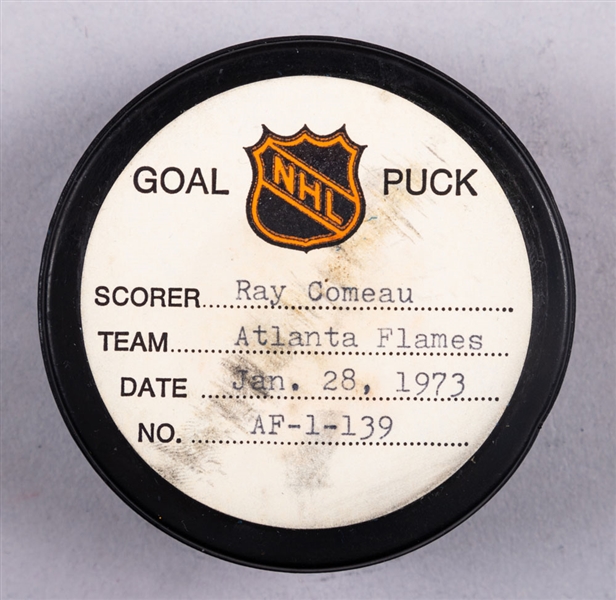 Rey Comeau’s Atlanta Flames January 28th 1973 Goal Puck from the NHL Goal Puck Program - Season Goal #15 of 21 / Career Goal #15 of 98 - 3rd Goal of Hat Trick - First NHL Hat Trick