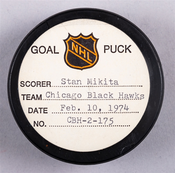 Stan Mikita’s Chicago Black Hawks February 10th 1974 Goal Puck from the NHL Goal Puck Program - Season Goal #18 of 30 / Career Goal #419 of 541 - 2nd Goal of Hat Trick - Short-Handed Goal