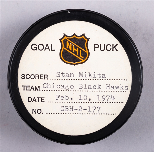 Stan Mikita’s Chicago Black Hawks February 10th 1974 Goal Puck from the NHL Goal Puck Program - Season Goal #19 of 30 / Career Goal #420 of 541 - 3rd Goal of Hat Trick