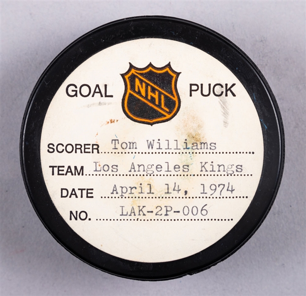 Tom William’s Los Angeles Kings April 14th 1974 Playoff Goal Puck from the NHL Goal Puck Program - Season Playoff Goal #2 of 3 / Career Playoff #2 of 8 - 2nd Goal of Hat Trick