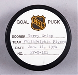 Terry Crisp’s Philadelphia Flyers January 11th 1974 Goal Puck from the NHL Goal Puck Program - Season Goal #4 of 10 / Career Goal #47 of 67