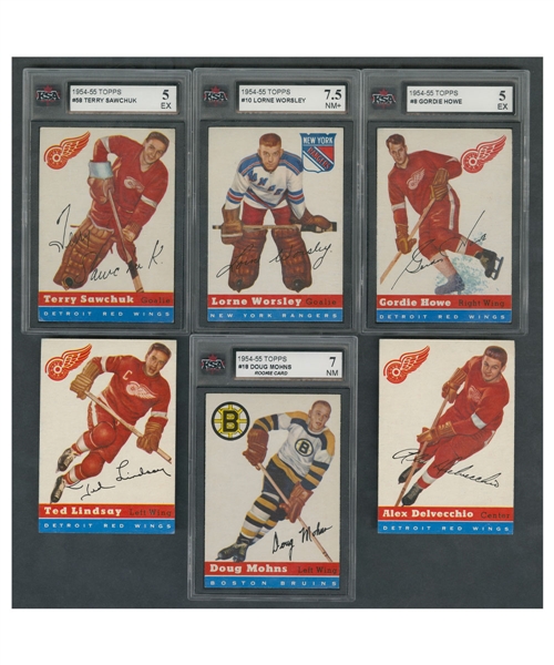 1954-55 Topps Hockey Complete 60-Card Set Including KSA-Graded Cards #8 Howe (5 EX), #10 Worsley (7.5 NM+), #18 Mohns RC (7 NM) and #58 Sawchuk (5 EX)
