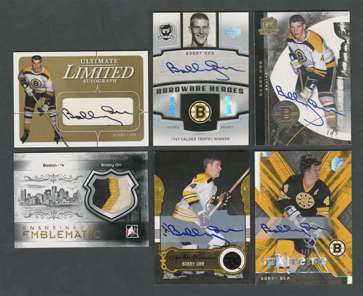 Bobby Orr Signed Boston Bruins Cards (5) Including 2004-05 ITG, 2006-07 The Cup Hardware Heroes, 2007-08 SPXtreme, 2008-09 The Cup & 2008-09 O-Pee-Chee Premier
