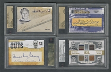 Eddie Shore Signed Boston Bruins Cards (2) Including 2008-09 ITG Paper Cuts and 2010-11 Famous Fabrics Enshrined Plus King Clancy Signed 2005-06 ITG Paper Cuts and 2010-11 ITG Decades Gold