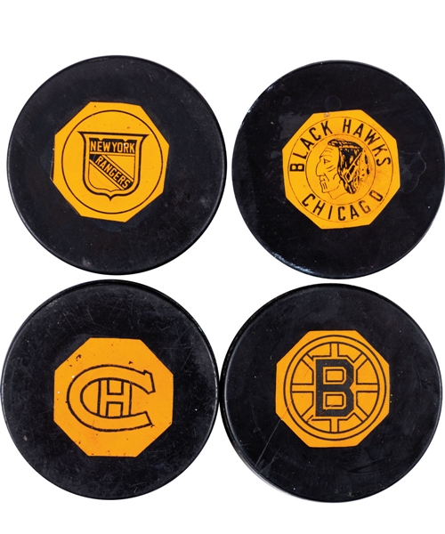 Bruins, Black Hawks, Rangers and Canadiens 1958-68 "Original Six" Art Ross NHL Game Pucks (4)