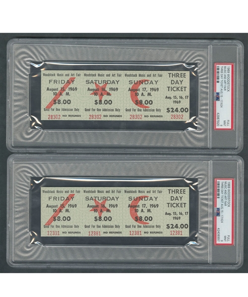 Historic 1969 Woodstock Music Festival Full 3-Day $24.00 Unused Tickets (2) - Both Graded PSA 9