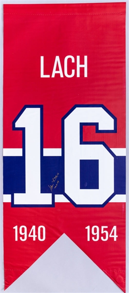 Elmer Lach Signed Montreal Canadiens #16 Jersey Number Retirement Banner with LOA (20 ½” x 48”)