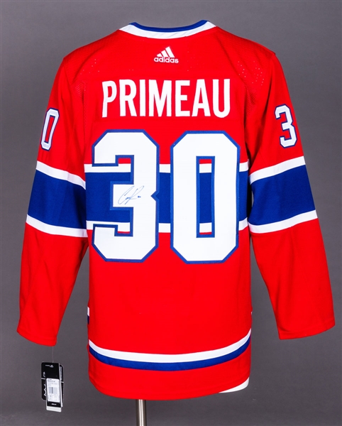 Cayden Primeau Montreal Canadiens Signed Adidas Pro Model Jersey and Annotated Autographed Pucks (2) with LOA