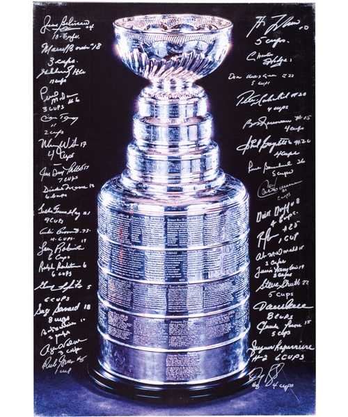 Montreal Canadiens Stanley Cup Print on Canvas Signed by 34 Stanley Cup Winners Including Cup Annotations with LOA (24" x 35")