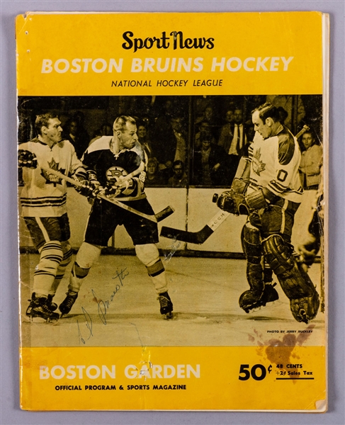 Boston Bruins 1967-68 Program Multi-Signed Page Featuring Bobby Orr and Gordie Howe Plus Other Bruins Memorabilia