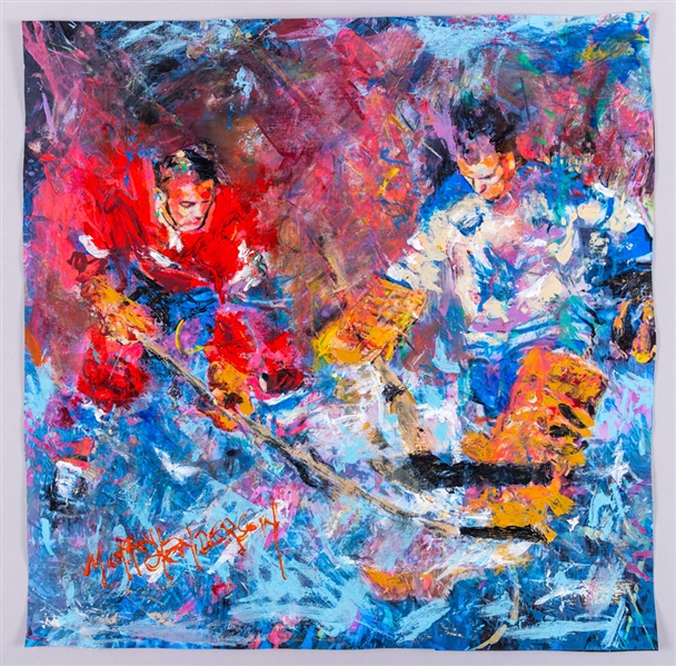 Jean Beliveau Montreal Canadiens and Johnny Bower Toronto Maple Leafs “Original Six Battle” Original Painting on Canvas by Renowned Artist Murray Henderson (20 ½” x 21”) 